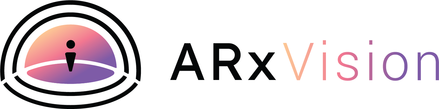 ARx vision logo, representing a character surrounded by arcs shaped like a rainbow on top and like sensing waves at the bottom. The ARx letters are bold and black, the word vision is coloured with a gradient from beige, to pink to purple.